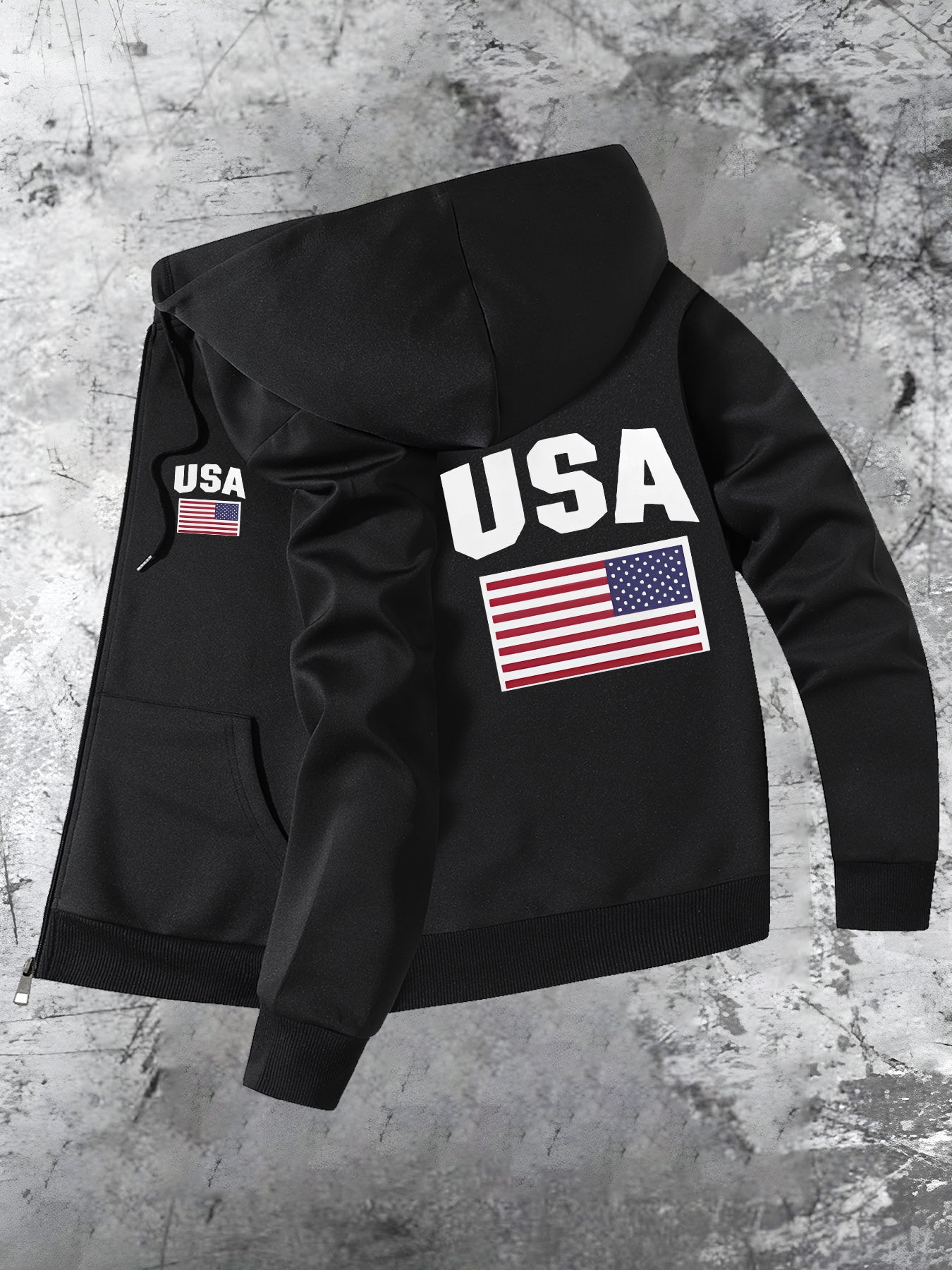 Patriotic USA Flag Print Hooded Slim Fit Jacket Zip Up