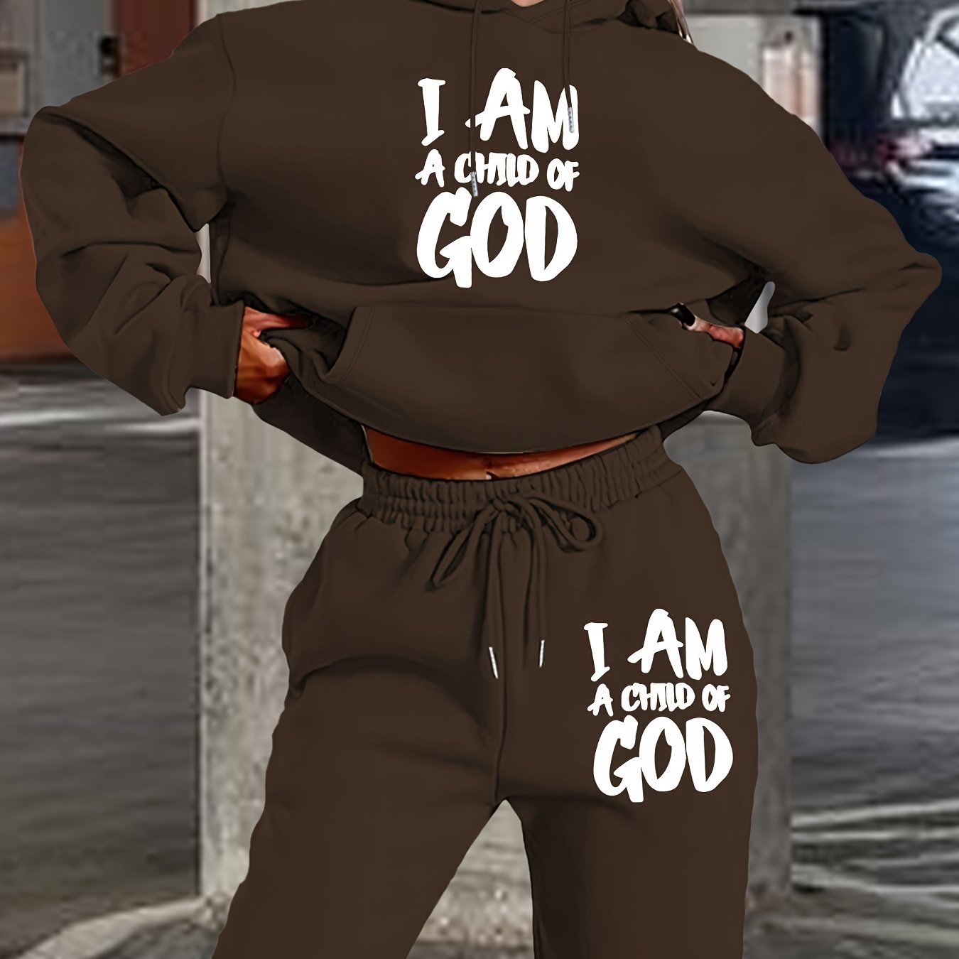 [New "I Am a of God" Hoodie Set] 2024 New Women's Casual "I Am a of God" Print Hoodie & Sweatpants Set, Beige, Long Sleeve Hooded Pullover with Pockets, Comfortable Polyester Blend for Fall/Winter