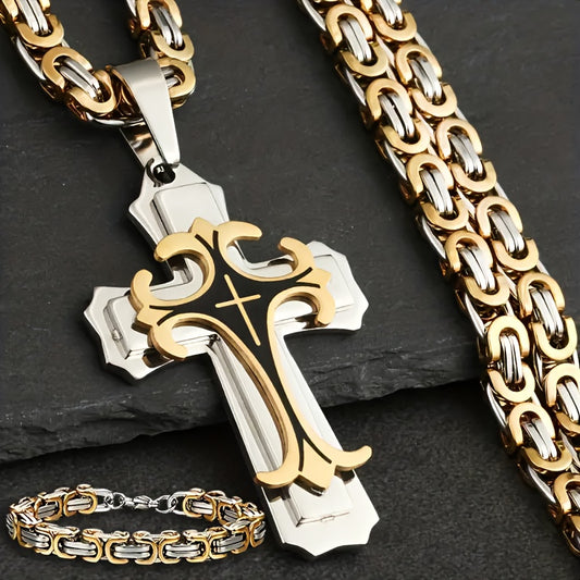 Men's Retro Cross Pendant Necklace and Simple Bracelet Set