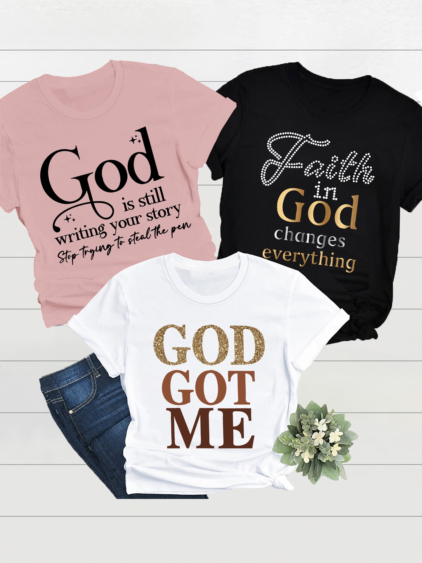 Women Crew Neck Letter Print T Shirt Multipack Casual