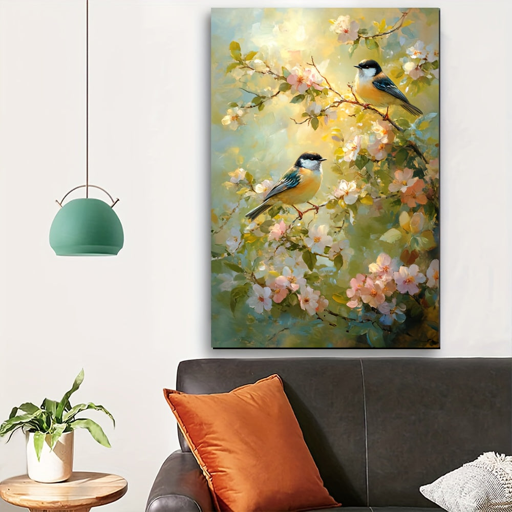 Serene Birds On Flower Branches In Wood Frame Canvas