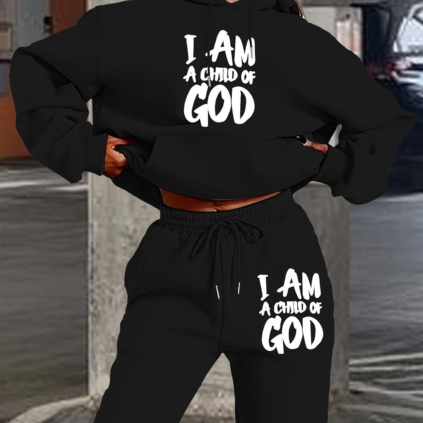 [New "I Am a of God" Hoodie Set] 2024 New Women's Casual "I Am a of God" Print Hoodie & Sweatpants Set, Beige, Long Sleeve Hooded Pullover with Pockets, Comfortable Polyester Blend for Fall/Winter