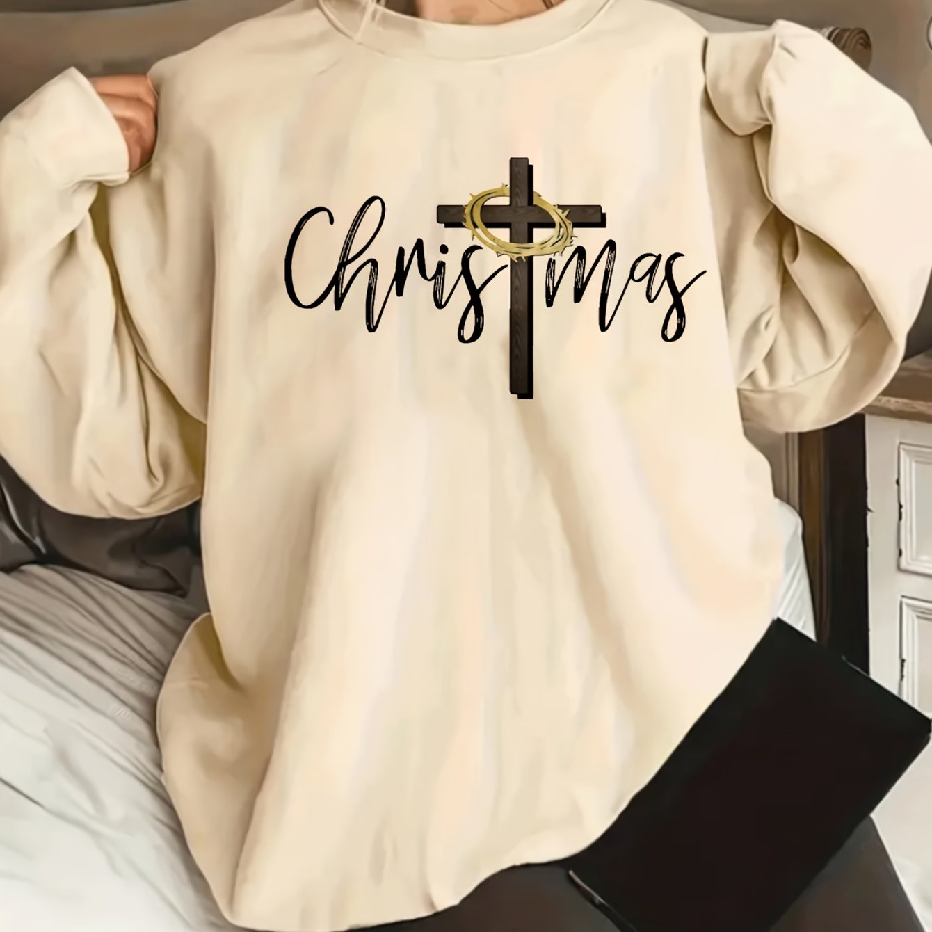 Oversized Crewneck Sweater With Cross Print