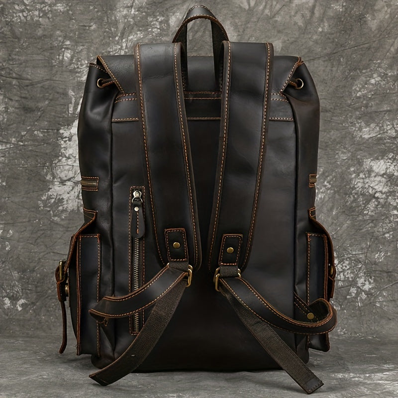 IHDP Retro Leather Backpack Genuine Cowhide Rucksack