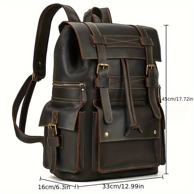 IHDP Retro Leather Backpack Genuine Cowhide Rucksack