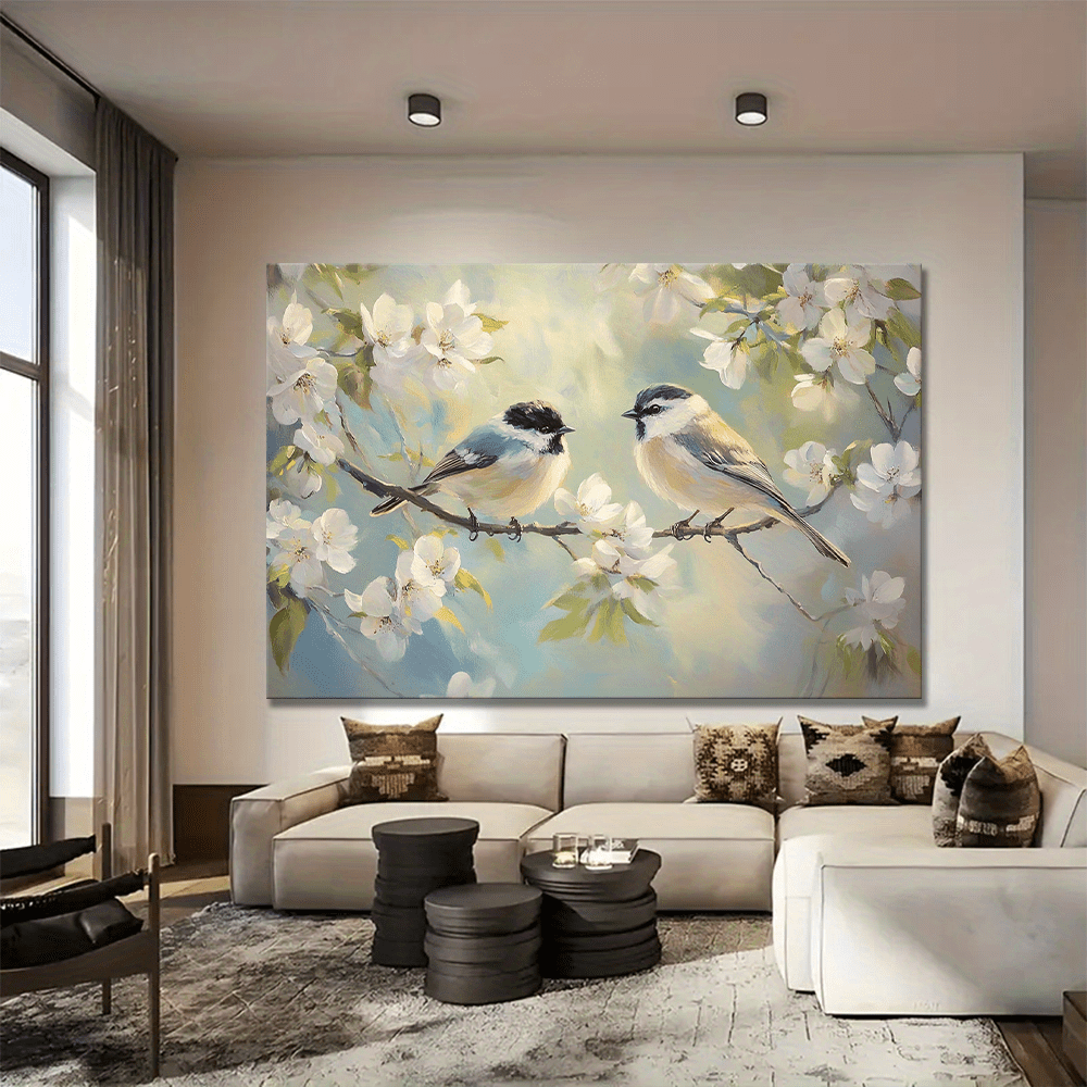 Birds and Flowers Large Wooden Frame Wall Art Print