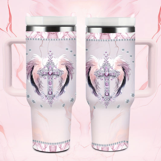 40oz Insulated Stainless Steel Tumbler with Straw & Lid - Elegant Cross & Wings Design