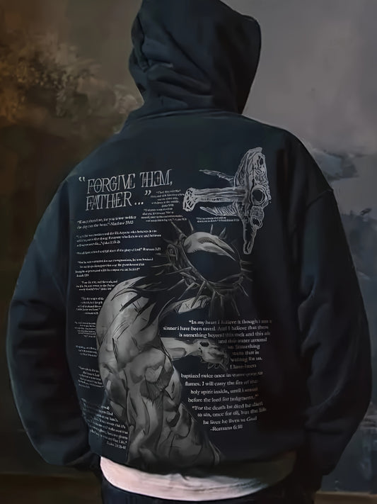 Men's Fleece Hoodie with Letter Print and Kangaroo Pouch Drawstring