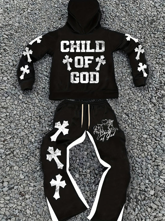 Divine Power Print Hoodie And Sweatpants Set Fall Winter