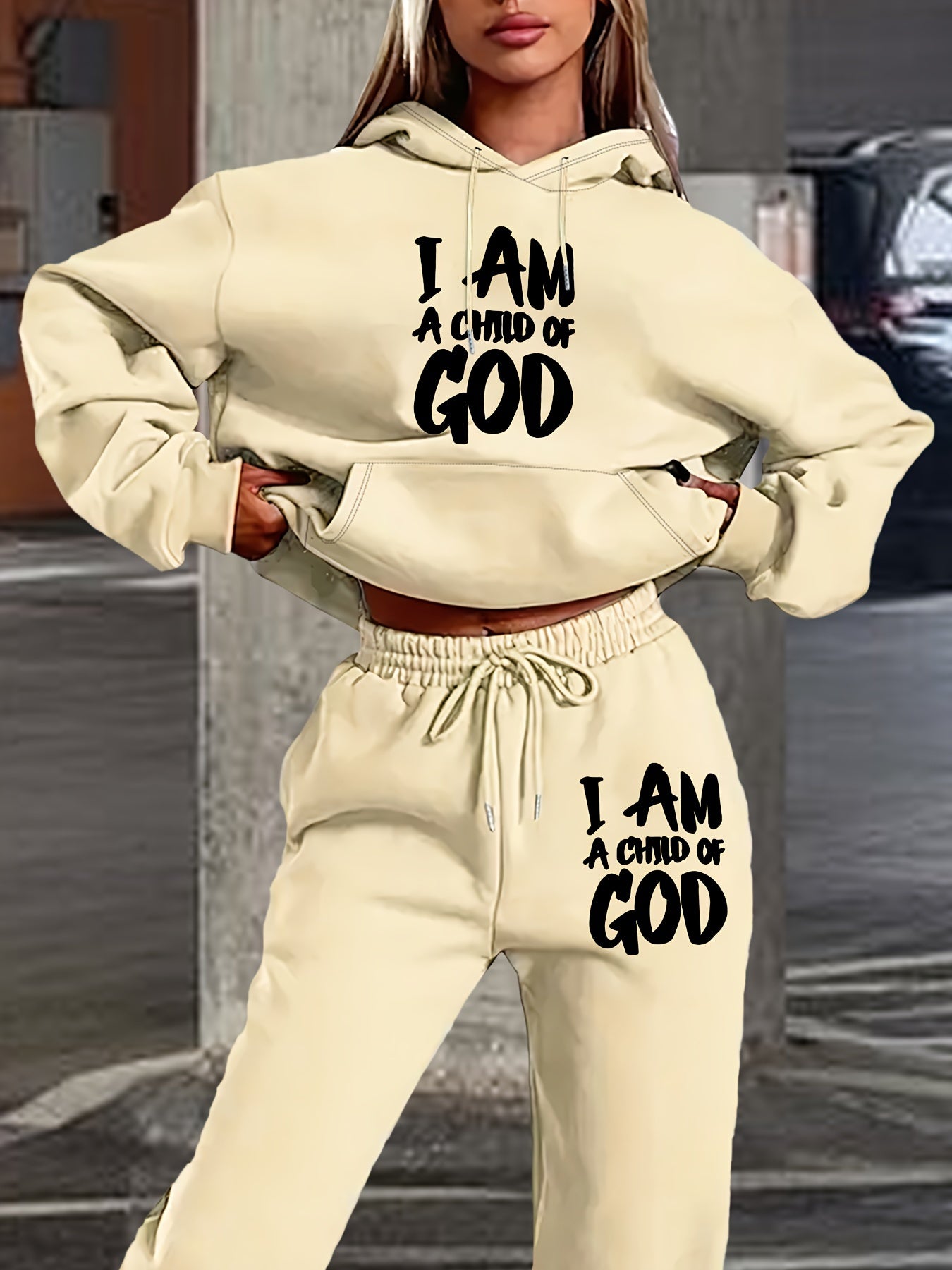 [New "I Am a of God" Hoodie Set] 2024 New Women's Casual "I Am a of God" Print Hoodie & Sweatpants Set, Beige, Long Sleeve Hooded Pullover with Pockets, Comfortable Polyester Blend for Fall/Winter