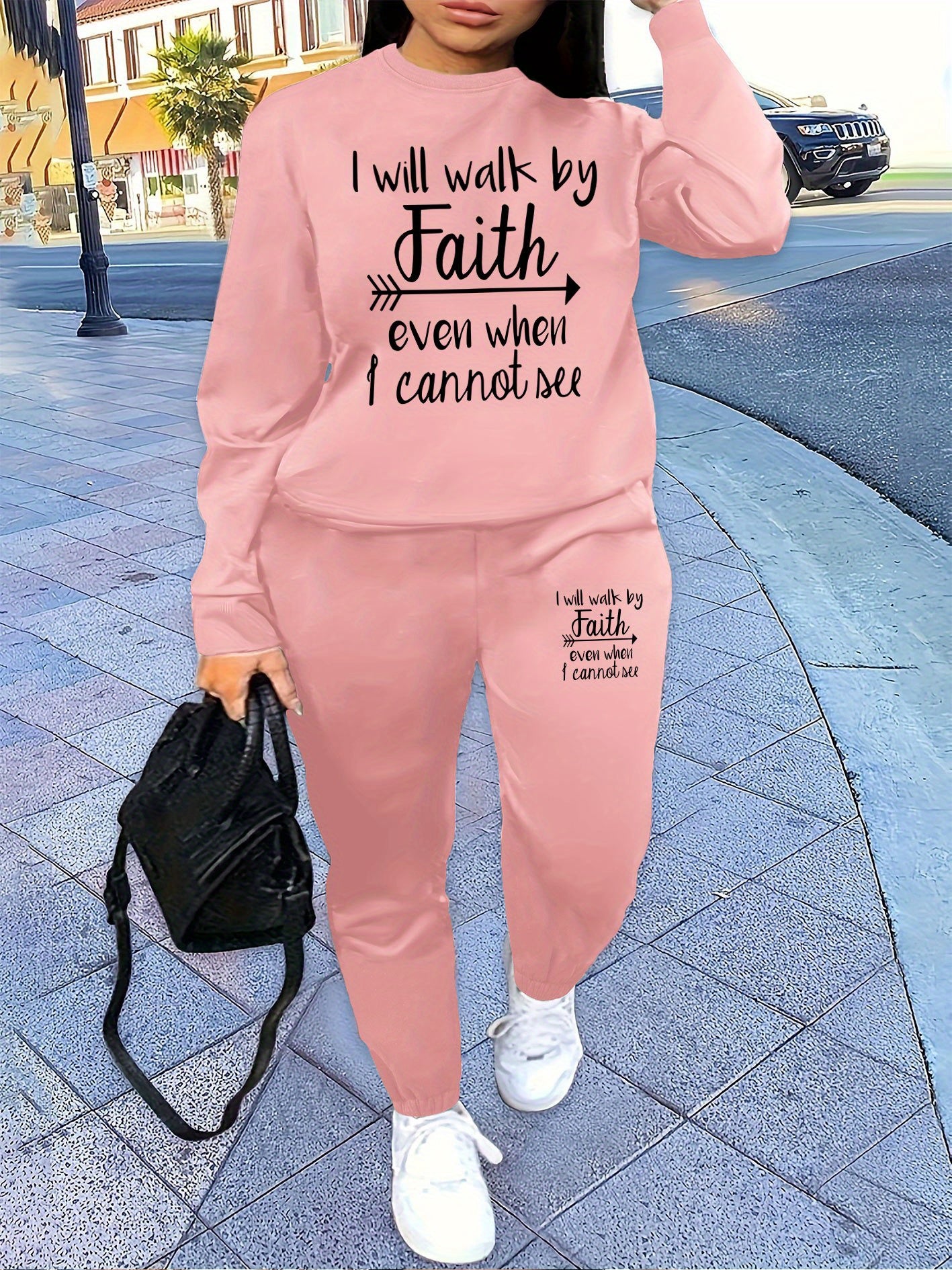 [Faith Sweatshirt] Comfortable Polyester Women's Casual Beige Sweatshirt with "I Will Walk by Faith" Print | Graphic Sweatshirt - Long Sleeve, Round Neck, Streetwear for All Seasons