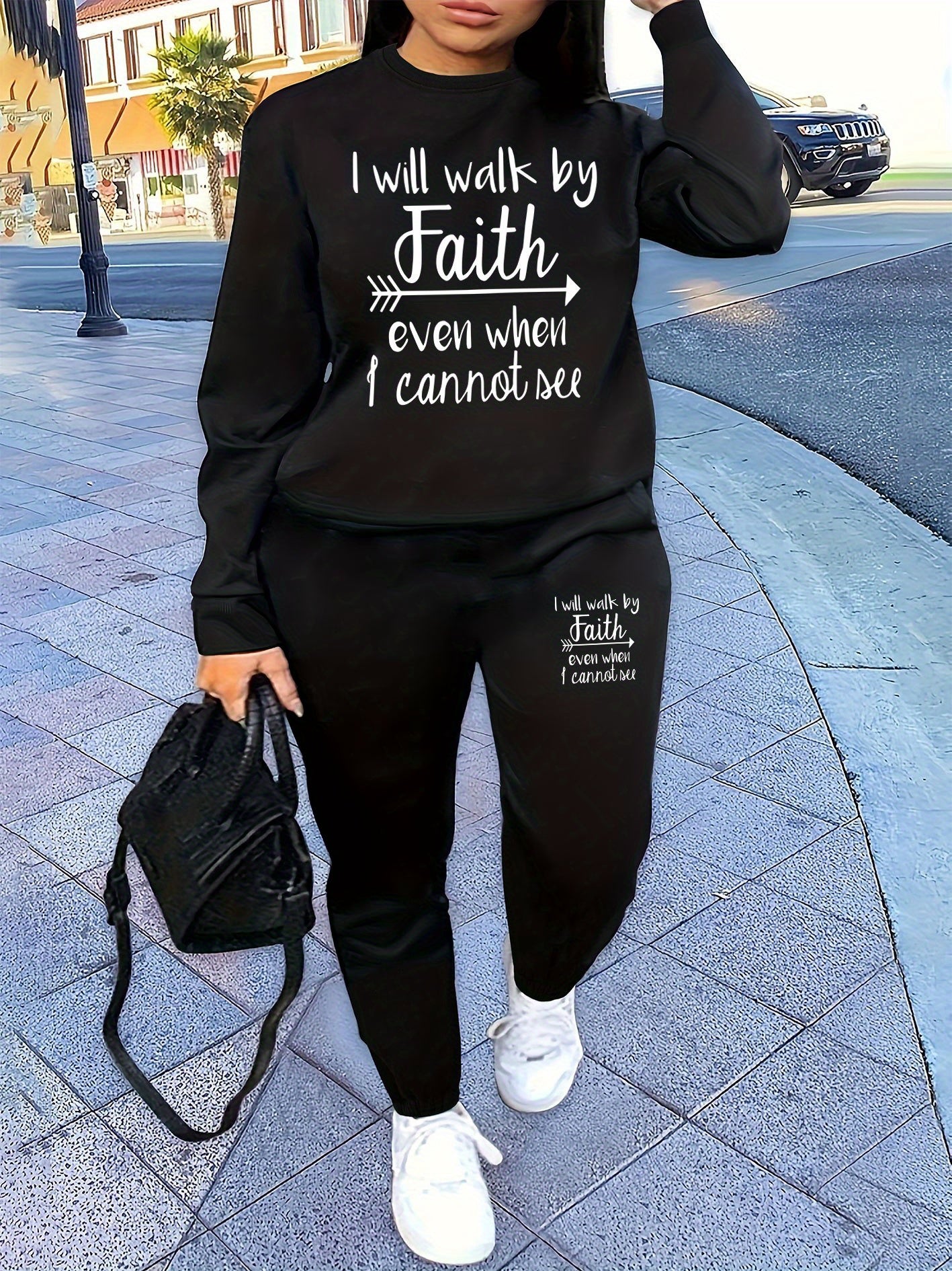 [Faith Sweatshirt] Comfortable Polyester Women's Casual Beige Sweatshirt with "I Will Walk by Faith" Print | Graphic Sweatshirt - Long Sleeve, Round Neck, Streetwear for All Seasons