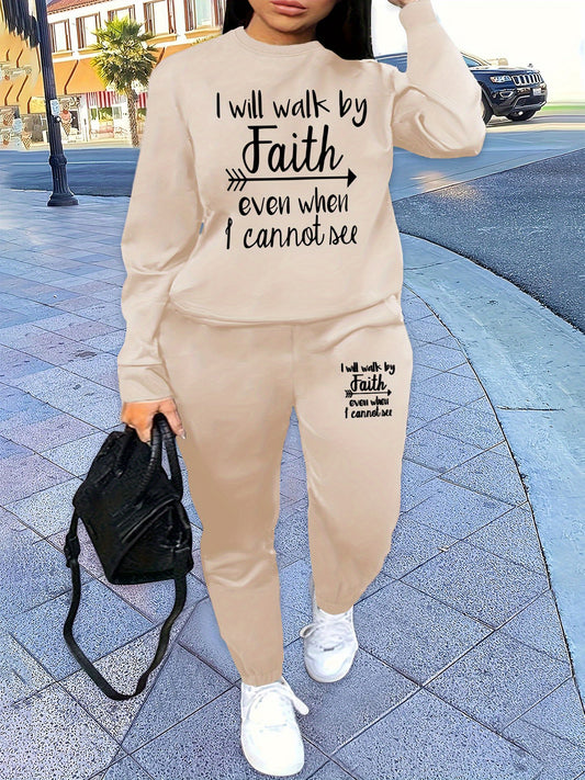 [Faith Sweatshirt] Comfortable Polyester Women's Casual Beige Sweatshirt with "I Will Walk by Faith" Print | Graphic Sweatshirt - Long Sleeve, Round Neck, Streetwear for All Seasons