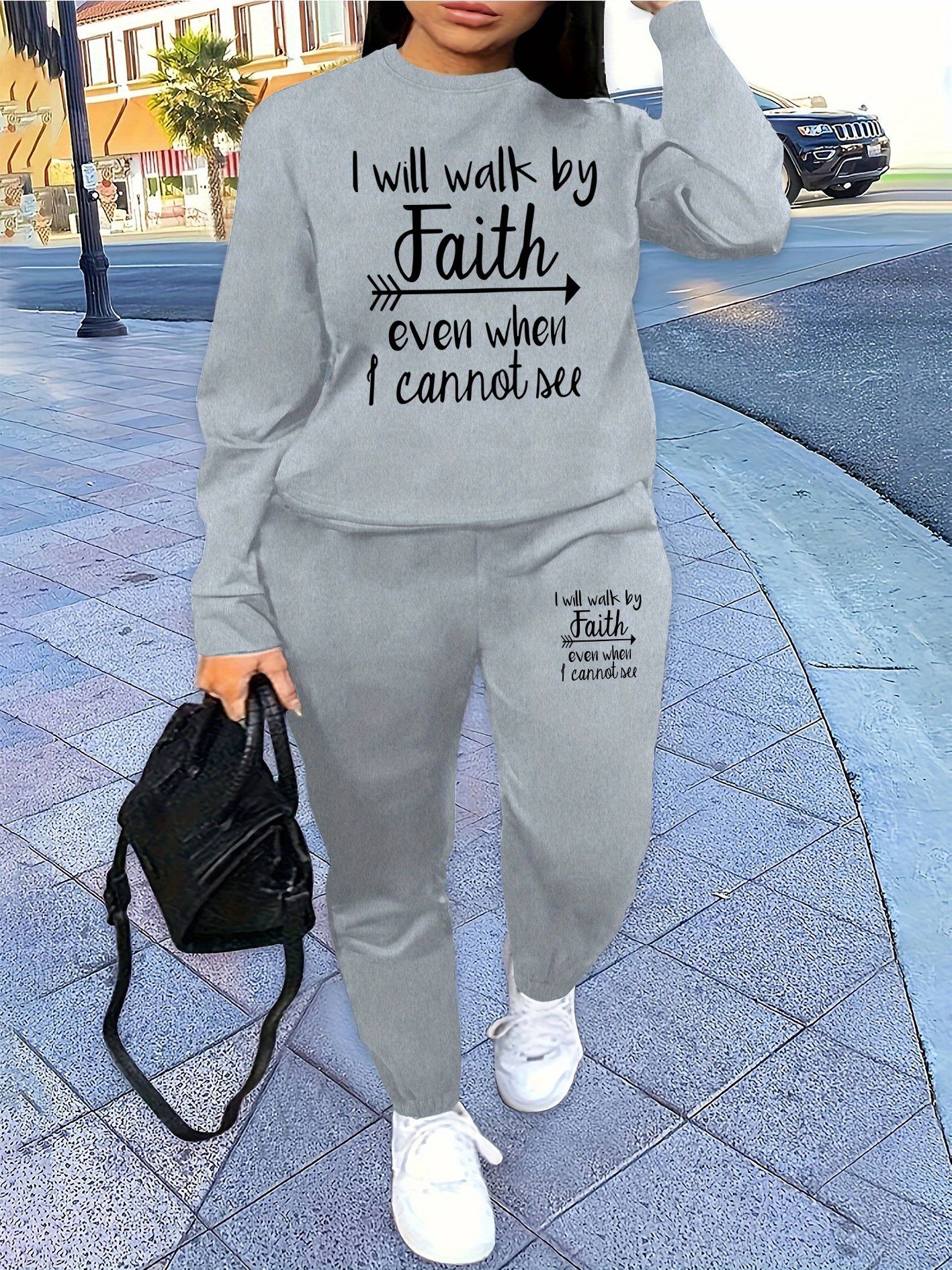 [Faith Sweatshirt] Comfortable Polyester Women's Casual Beige Sweatshirt with "I Will Walk by Faith" Print | Graphic Sweatshirt - Long Sleeve, Round Neck, Streetwear for All Seasons