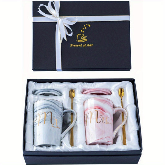 Mr & Mrs Ceramic Coffee Mugs - 14oz Marbled Cups with Golden Spoons - Elegant Wedding Gift for Bride and Groom, Engagement