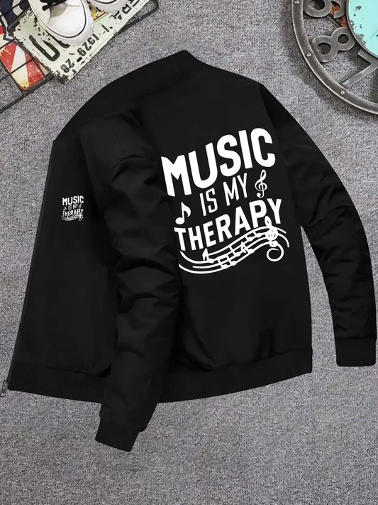 Mens Casual Music Print Zip Jacket Skinny Fit Outerwear