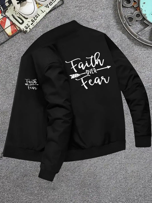 Faith Over Fear Graphic Stand Collar Jacket For Men