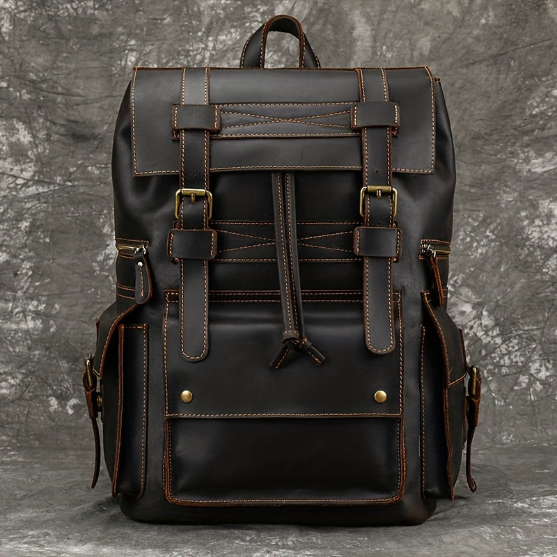 IHDP Retro Leather Backpack Genuine Cowhide Rucksack