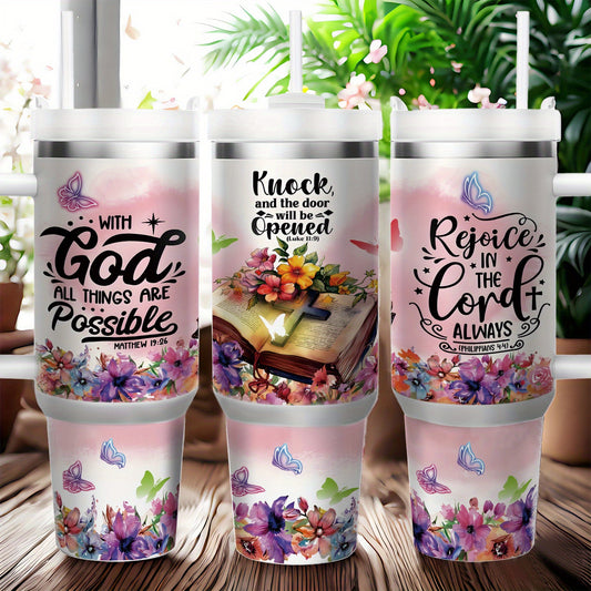 1pc 40 Ounces Insulated Stainless Steel Coffee Mug Water Bottle, "with God All Things Are Possible" - Large Capacity