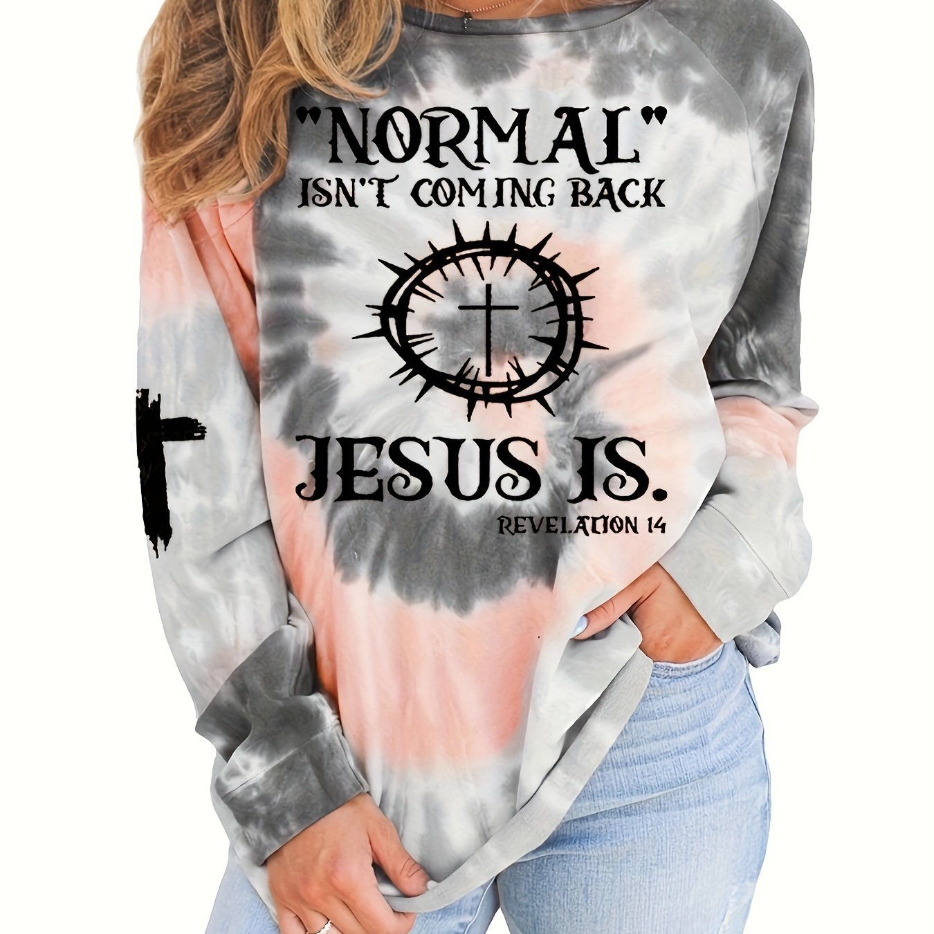 Casual Long Sleeve Sweatshirt Clock Slogan Print Tie Dye