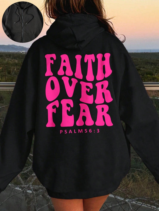 Womens Faith Over Fear Zip Up Hooded Christian Sweatshirt