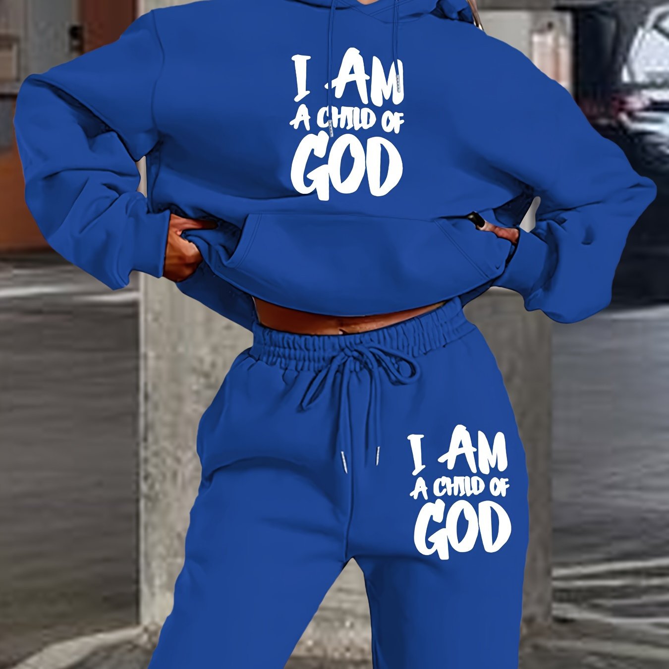[New "I Am a of God" Hoodie Set] 2024 New Women's Casual "I Am a of God" Print Hoodie & Sweatpants Set, Beige, Long Sleeve Hooded Pullover with Pockets, Comfortable Polyester Blend for Fall/Winter