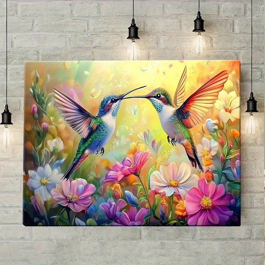 Colorful Hummingbird and Floral Canvas Wall Art Ready Hang