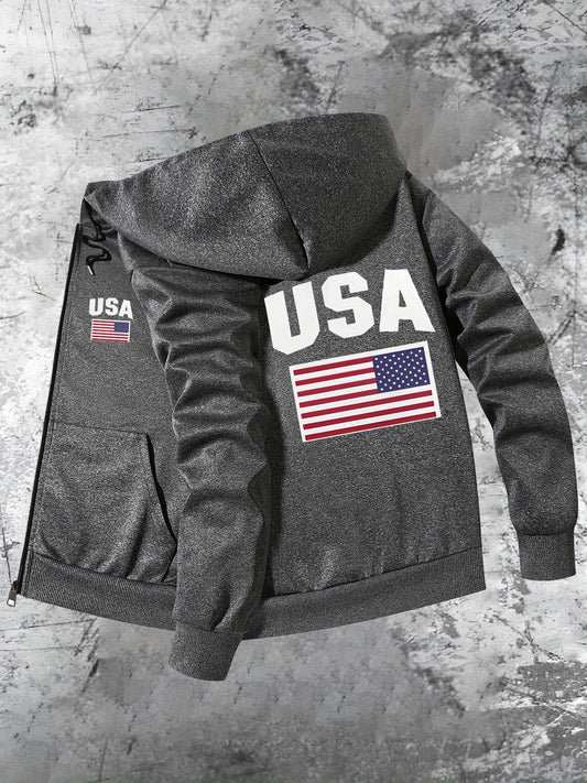 Patriotic USA Flag Print Hooded Slim Fit Jacket Zip Up