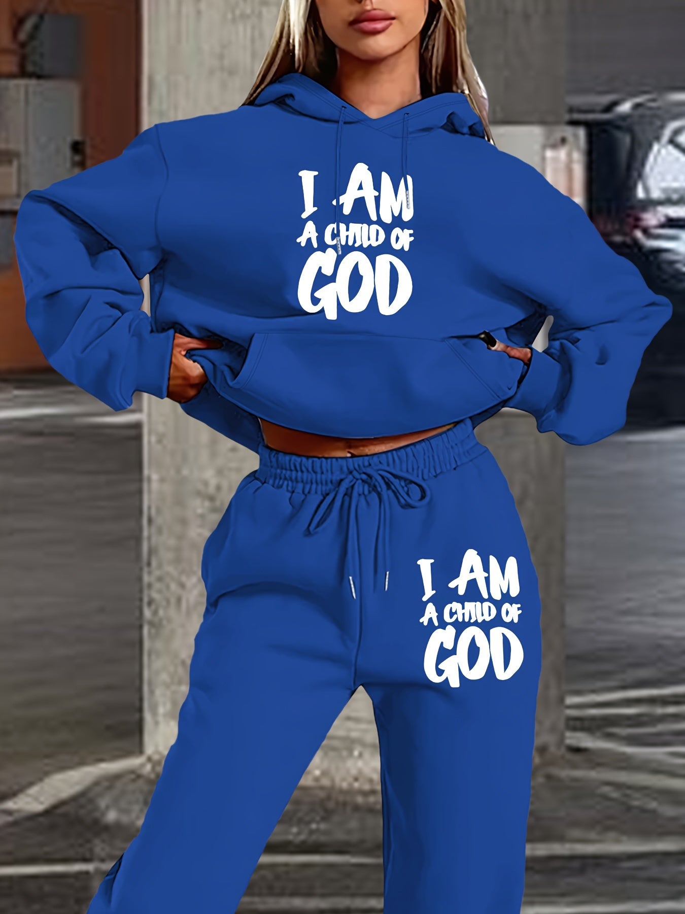 [New "I Am a of God" Hoodie Set] 2024 New Women's Casual "I Am a of God" Print Hoodie & Sweatpants Set, Beige, Long Sleeve Hooded Pullover with Pockets, Comfortable Polyester Blend for Fall/Winter