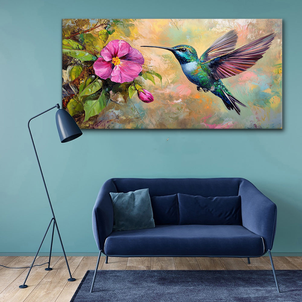 Canvas Wall Art Hummingbird Bloom Abstract Painting Living Room
