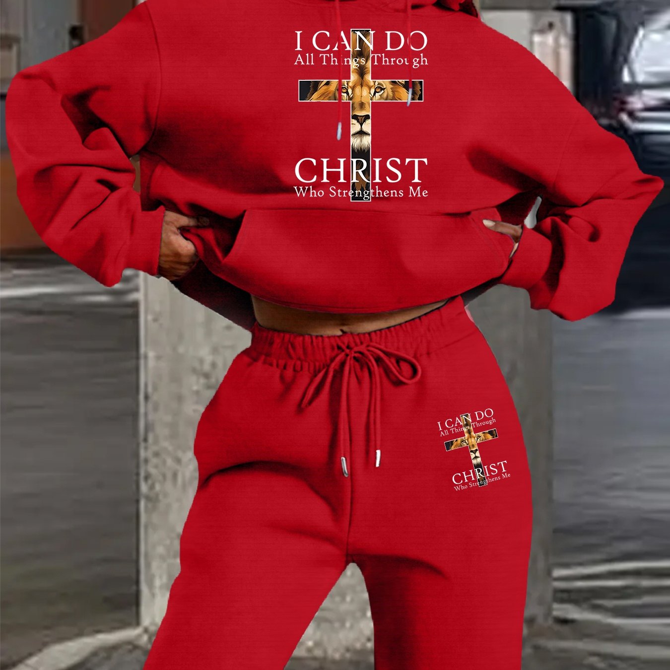 2025 Autumn Winter New Arrival, Christian Religious Letter Print Hoodie, Casual Loose Fit Warm Long Sleeve Pullover with Drawstring Waist and Pants Two-Piece Set, Women' Ribbed Two Piece Sweater Set, Airport Outfit For Women