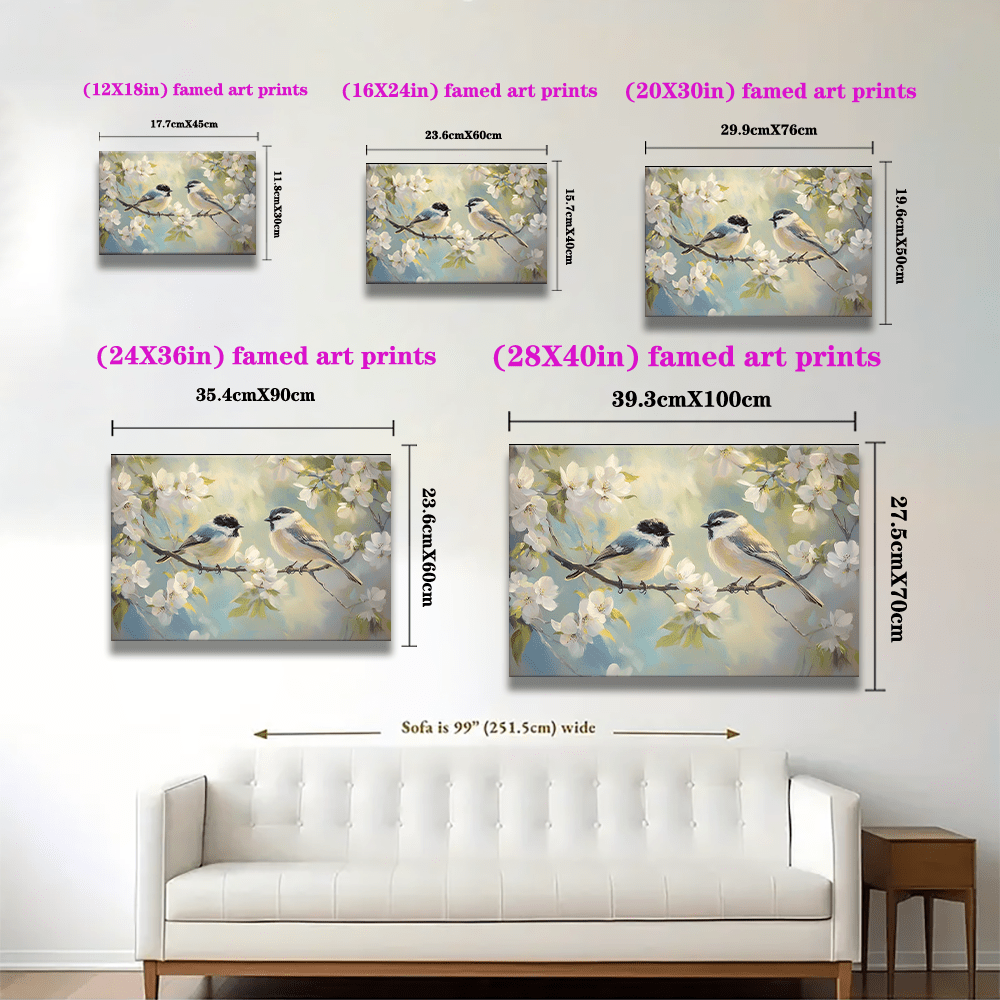 Birds and Flowers Large Wooden Frame Wall Art Print