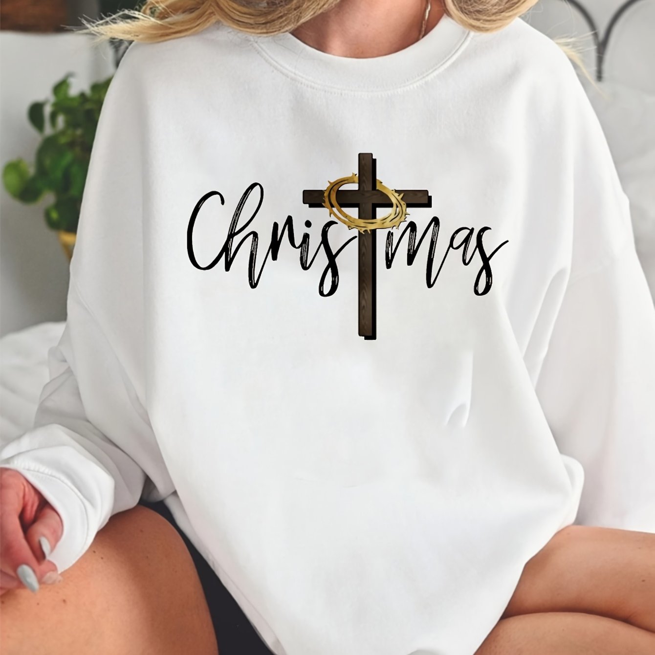 Oversized Crewneck Sweater With Cross Print
