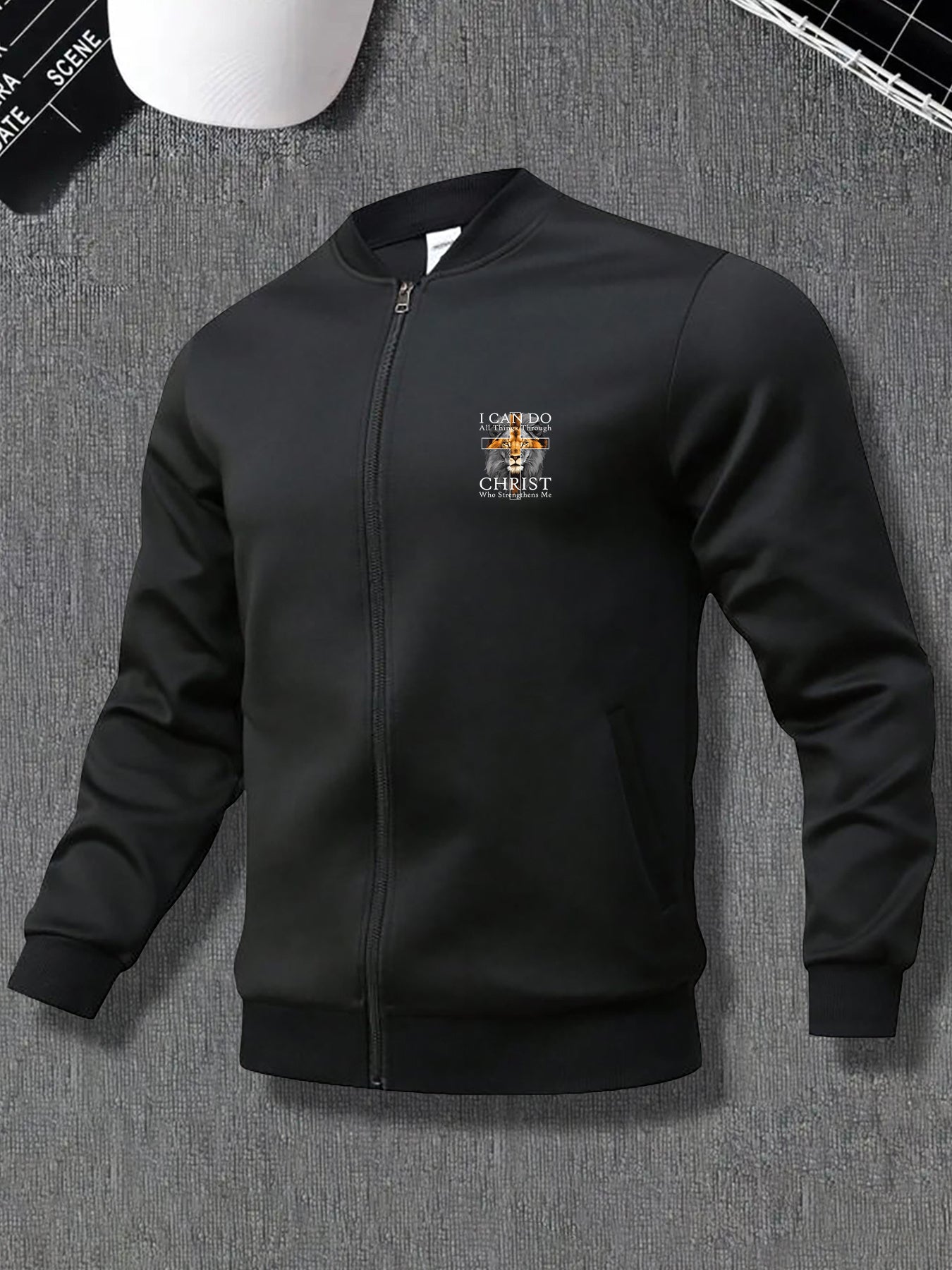 In His Divine Power Mens Lion Print Zip Up Jacket Pockets