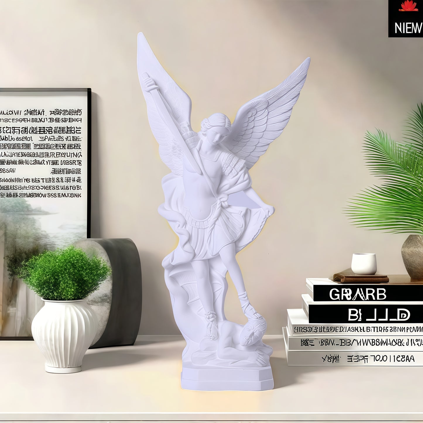 1pc Large 13-Inch Elegant Angel Statue - Saint Michael Archangel Demon Killer, with Outstretched Wings, Heavy-Duty Resin Construction, Tabletop/Altar/Desk Decor - Perfect Easter, Father's Day, Mother's Day, Thanksgiving, Inde