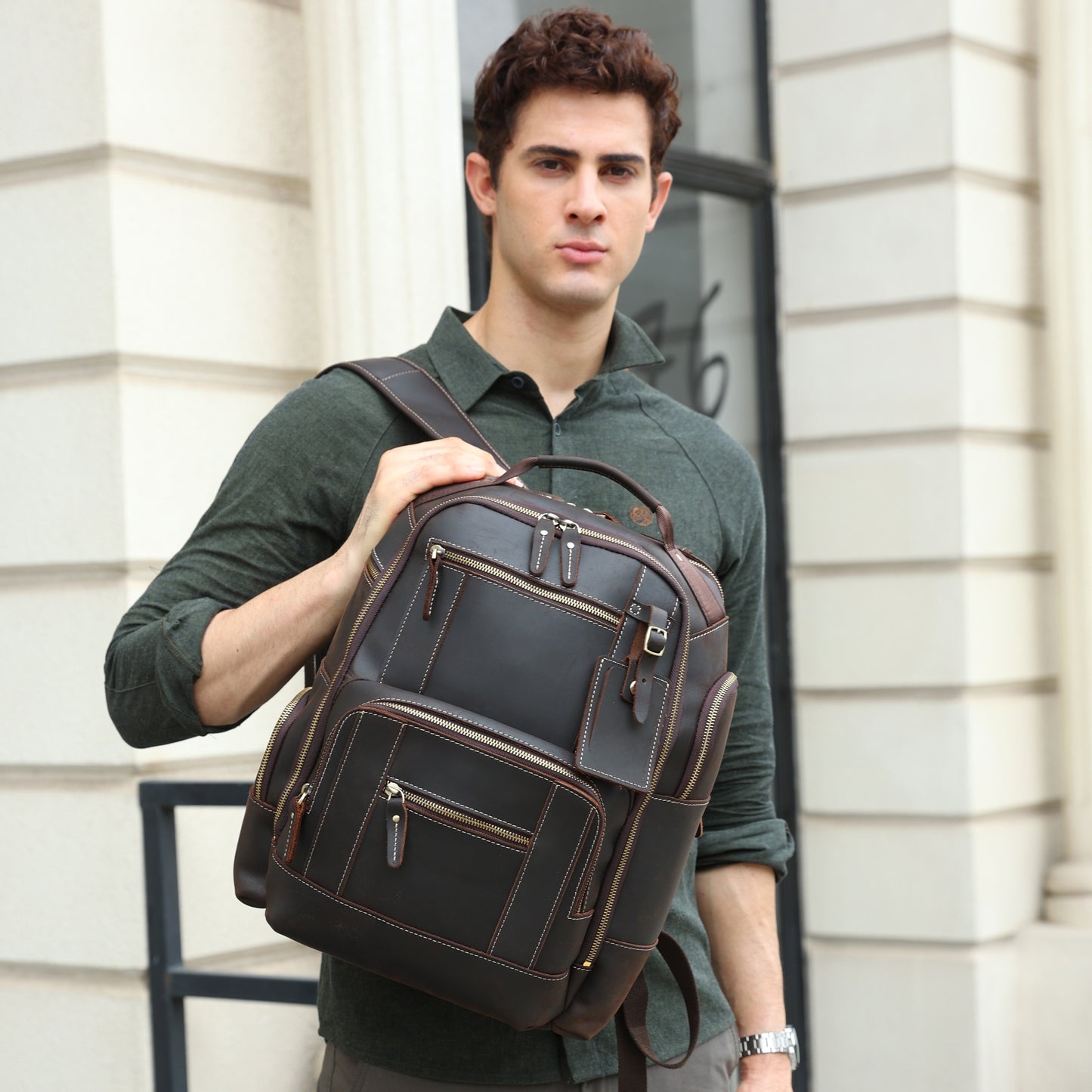 Genuine Leather Laptop Backpack Large Capacity Rucksack