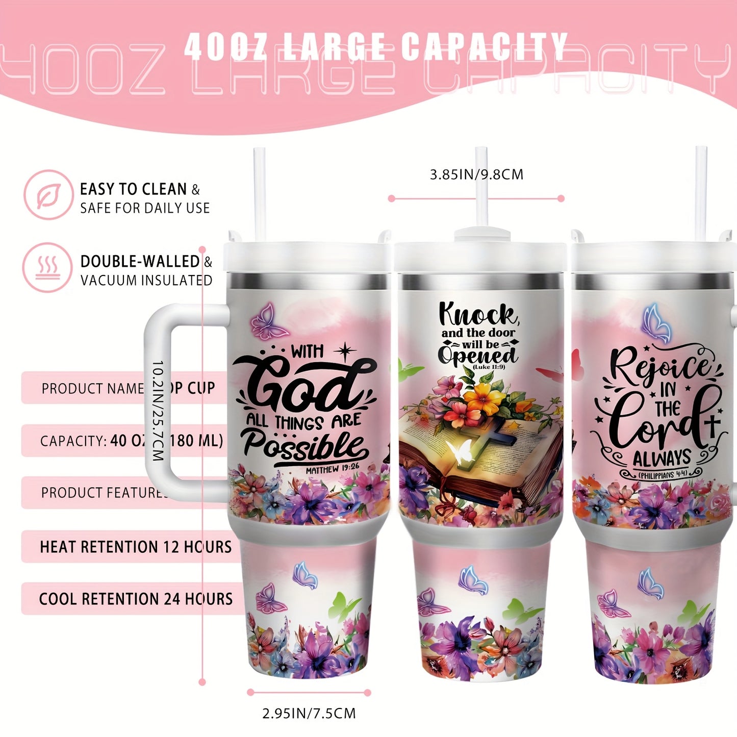 1pc 40 Ounces Insulated Stainless Steel Coffee Mug Water Bottle, "with God All Things Are Possible" - Large Capacity