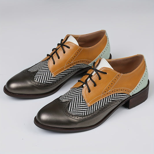 British Style Pointed Toe Lace Up Brogue Pumps Mixed Colors Patchwork Block Chunky Heels Women's Flat Oxford Shoes for Casual Party Office