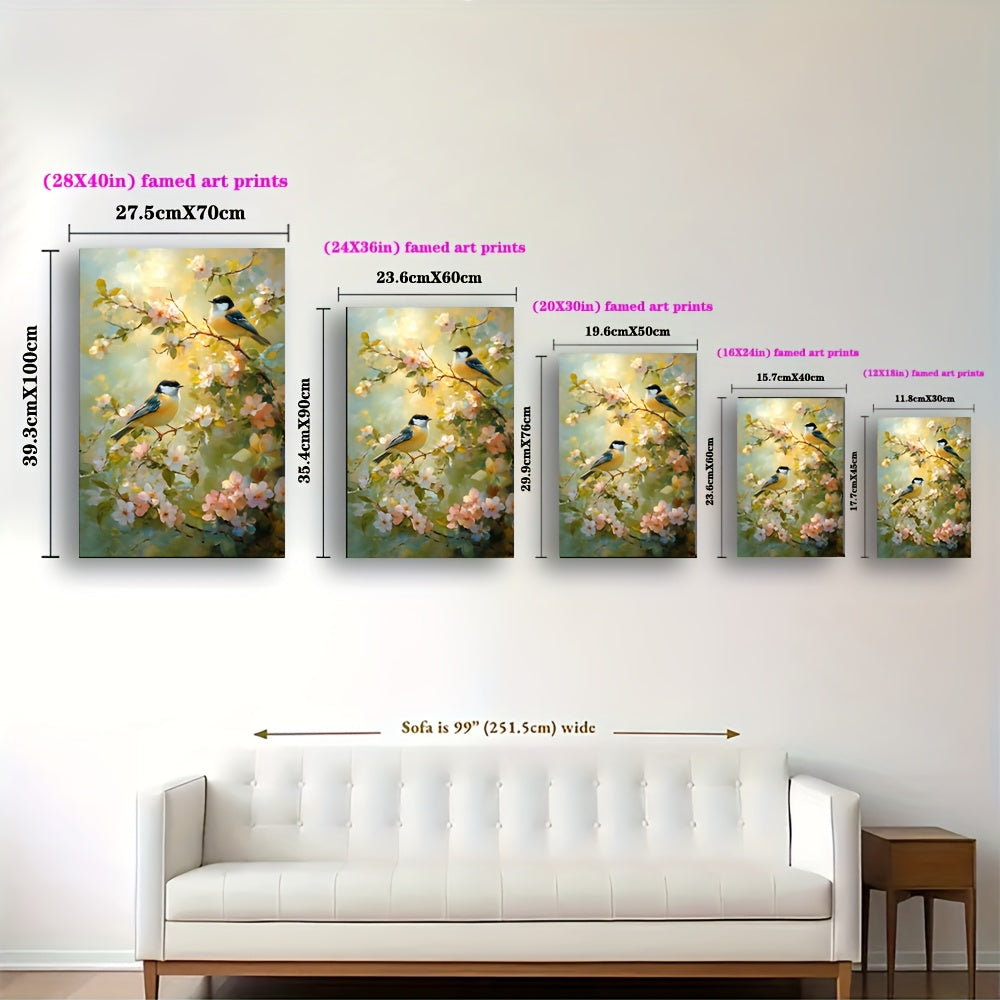 Serene Birds On Flower Branches In Wood Frame Canvas