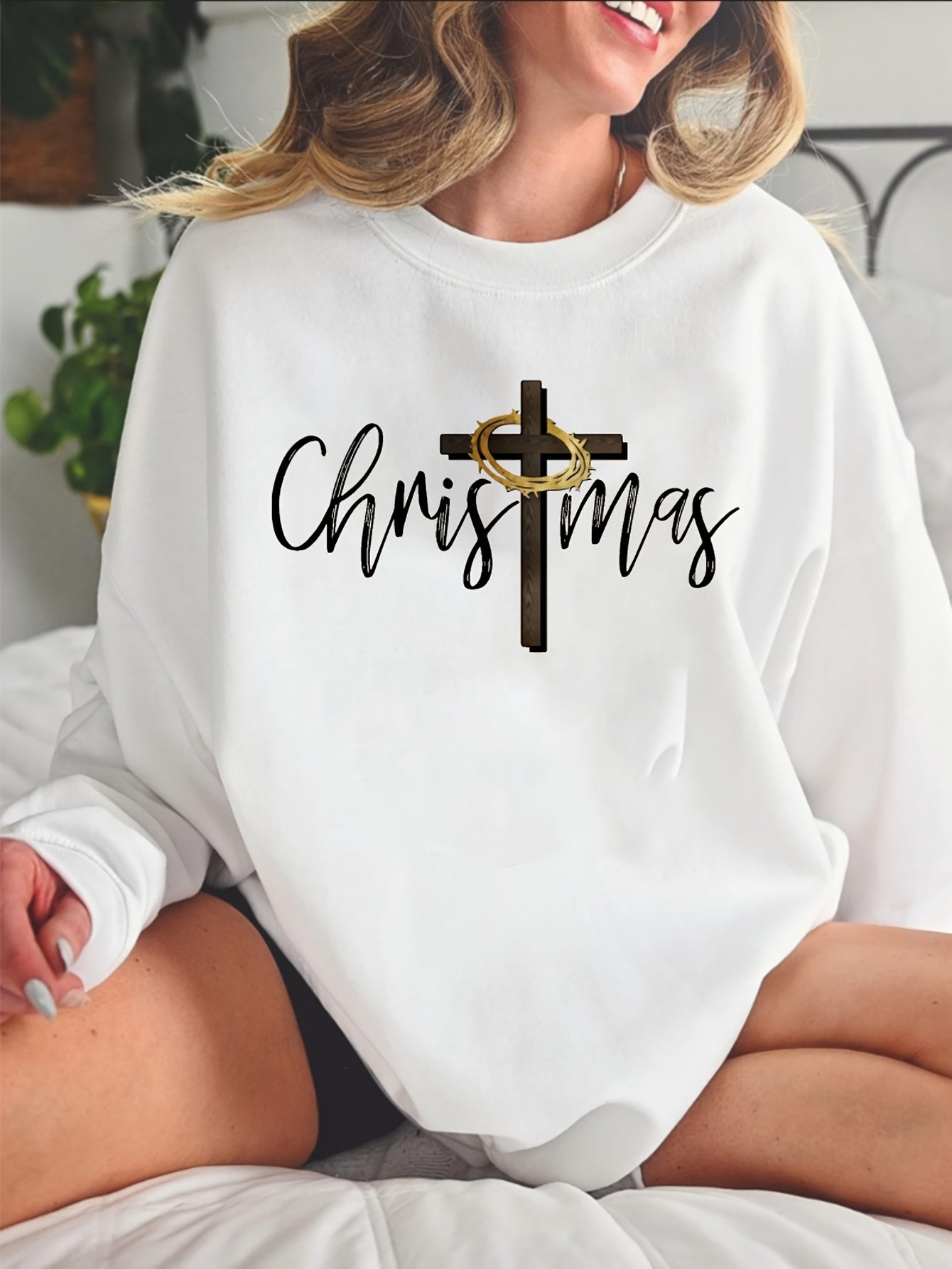 Oversized Crewneck Sweater With Cross Print