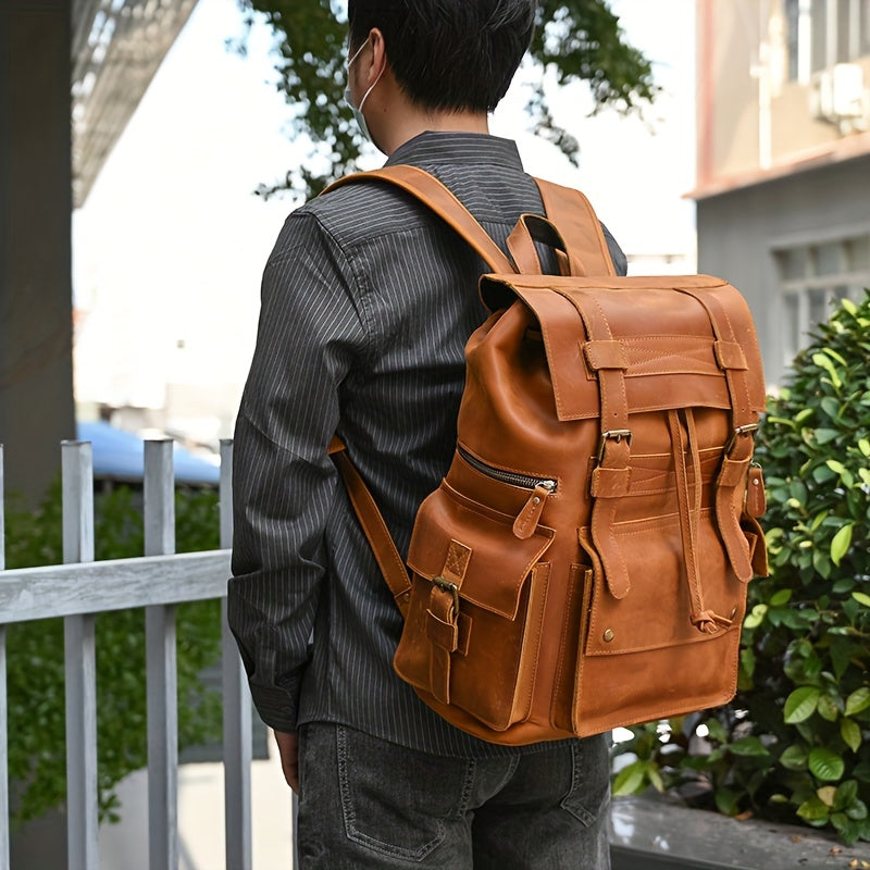 IHDP Retro Leather Backpack Genuine Cowhide Rucksack