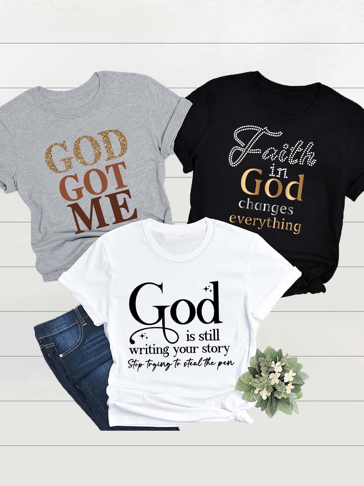 Women Crew Neck Letter Print T Shirt Multipack Casual
