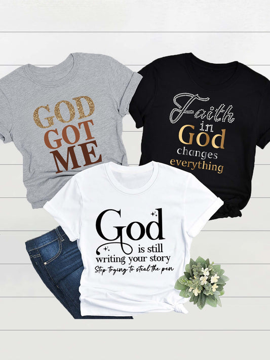 Women Crew Neck Letter Print T Shirt Multipack Casual