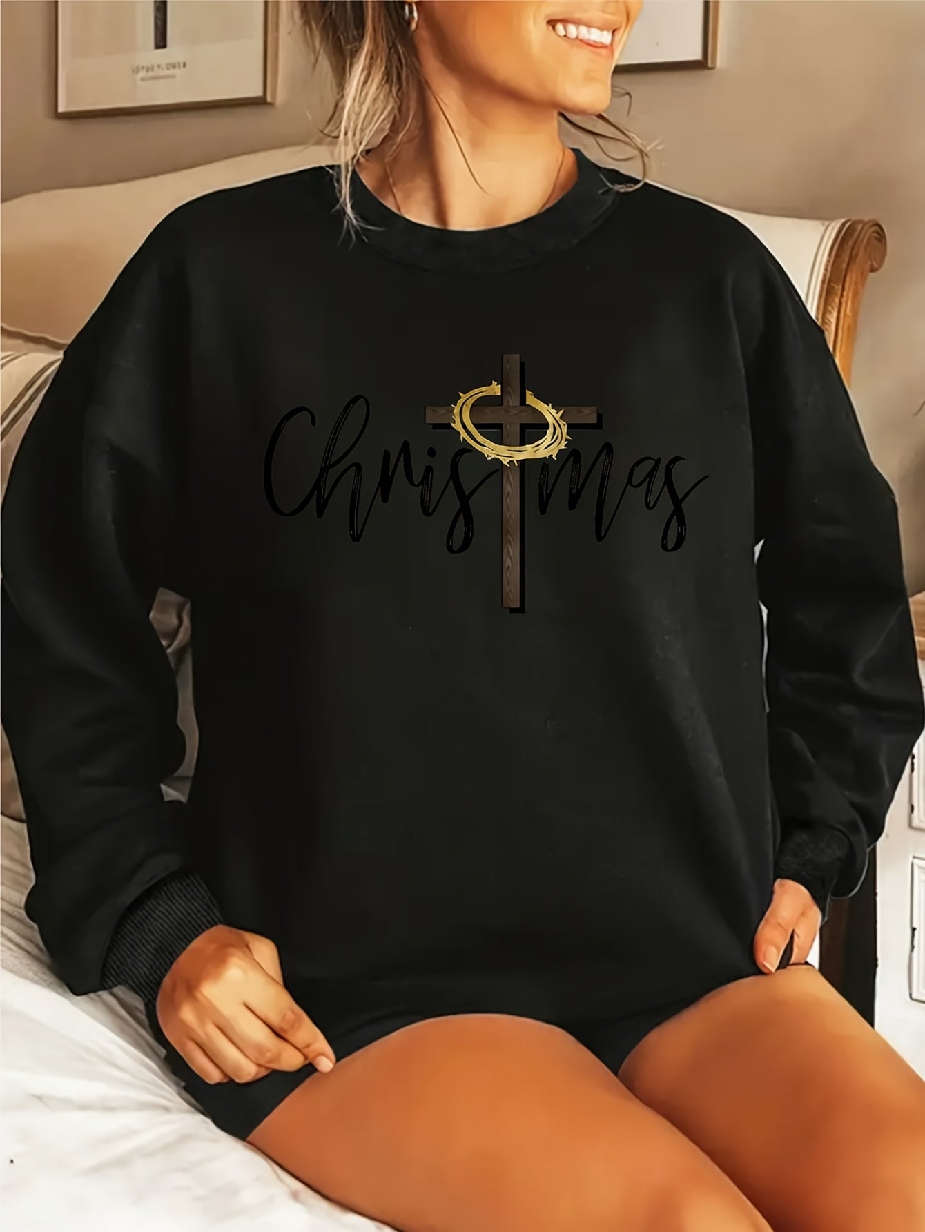 Oversized Crewneck Sweater With Cross Print