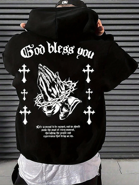 Men's Polyester Hoodie with God Bless You Graphic