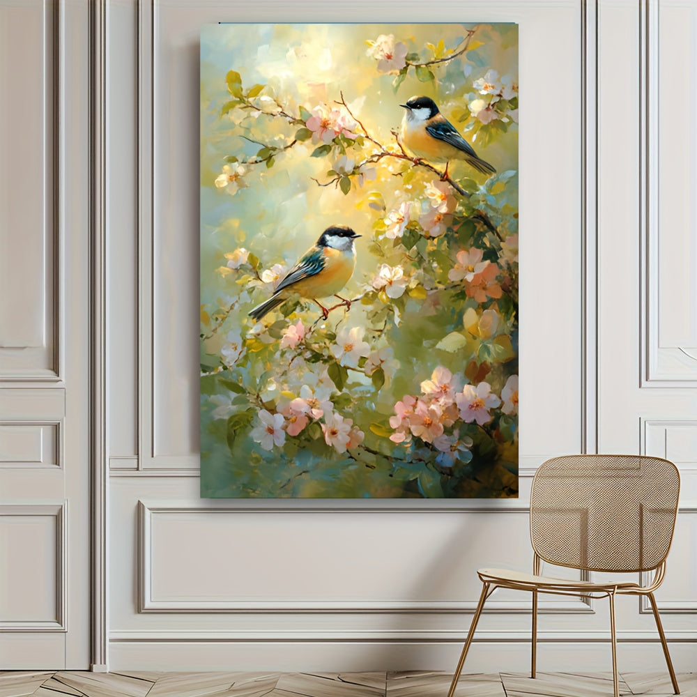 Serene Birds On Flower Branches In Wood Frame Canvas