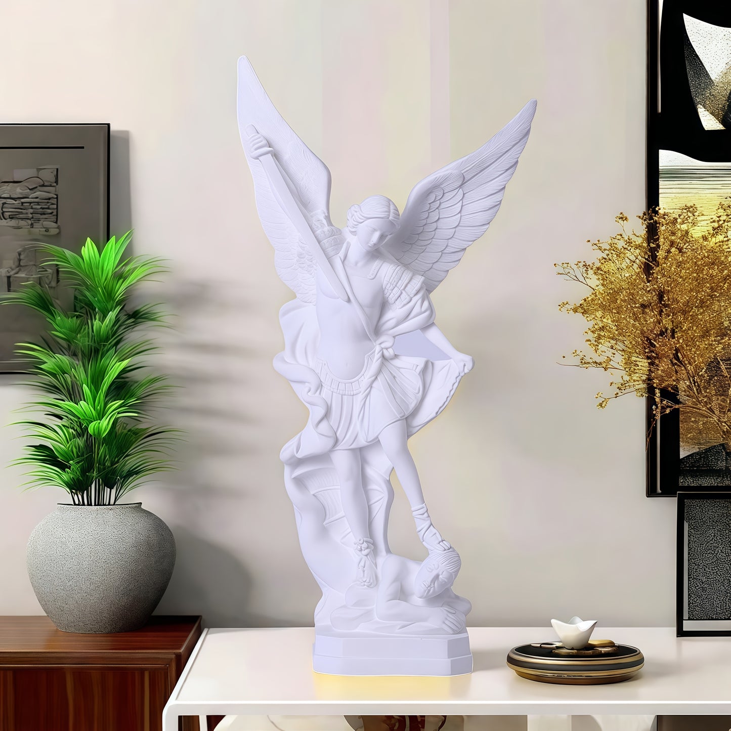 1pc Large 13-Inch Elegant Angel Statue - Saint Michael Archangel Demon Killer, with Outstretched Wings, Heavy-Duty Resin Construction, Tabletop/Altar/Desk Decor - Perfect Easter, Father's Day, Mother's Day, Thanksgiving, Inde