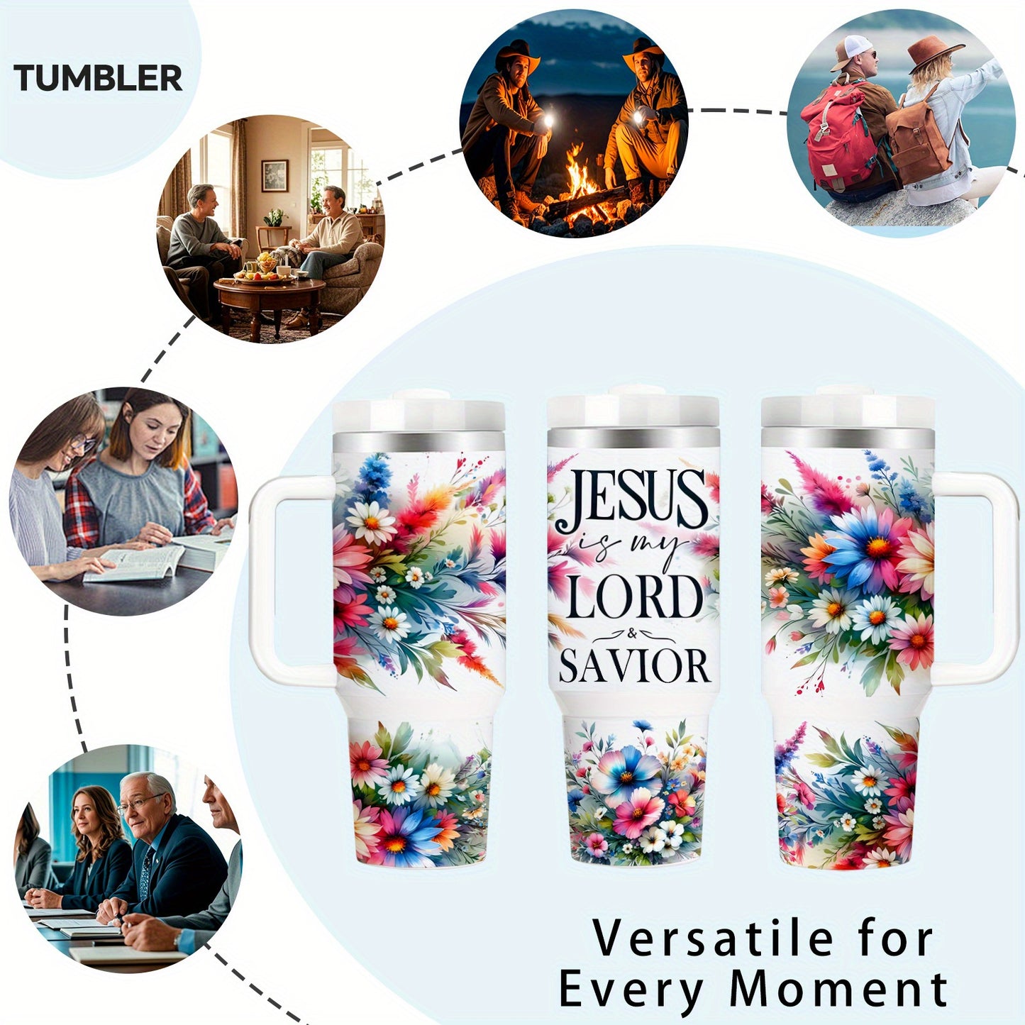 40oz Double Insulated, Tumbler with Lid and Straw, Christian, Floral, BPA-Free