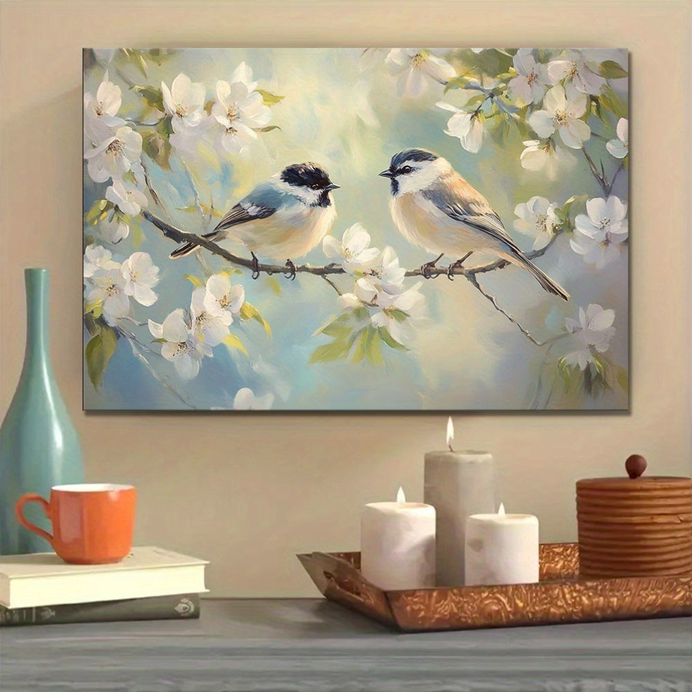 Birds and Flowers Large Wooden Frame Wall Art Print