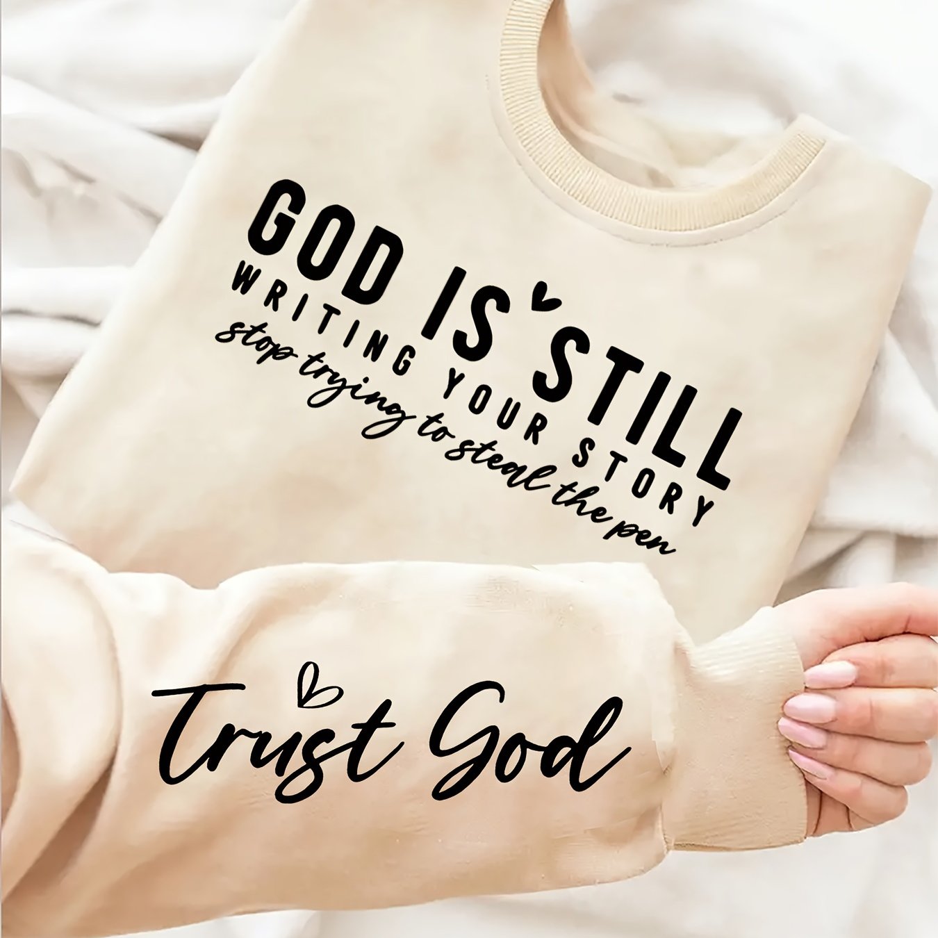 In His Divine Power Letter Print Pullover Sweatshirt Women
